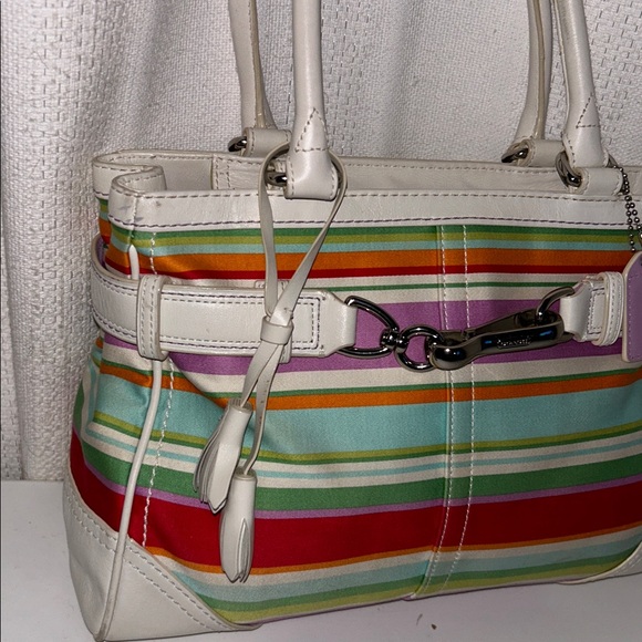 Coach Hampton Multicolor Canvas White Leather Trim Stripe Satchel With Wristlet - Picture 5 of 10